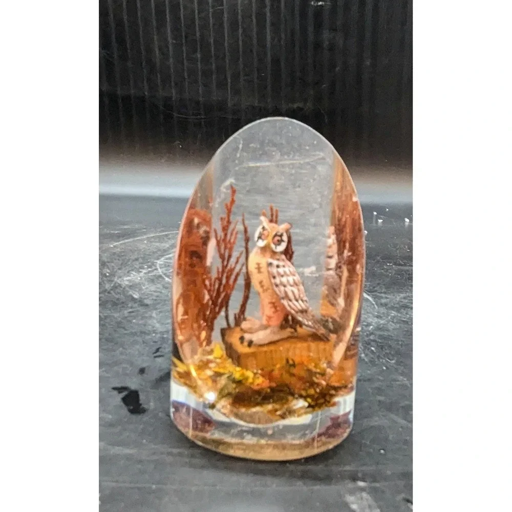 Vintage Lucite Owl Diorama Woodland‎ Scene Paperweight 4